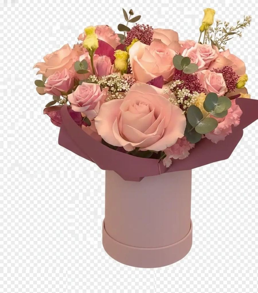 Caja rosa con rosas rosadas y claveles