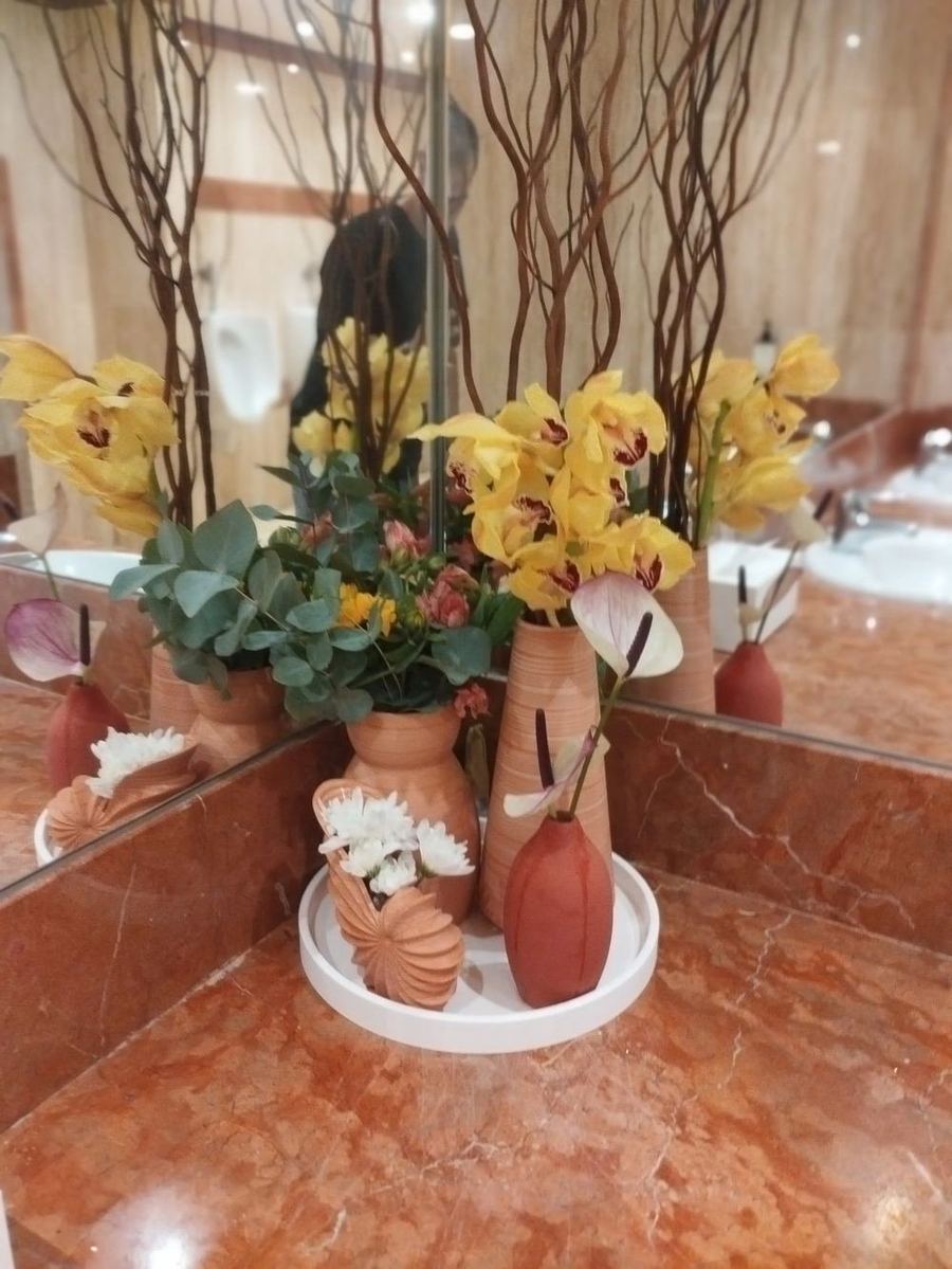 Jarrones de terracota con orquídeas amarillas