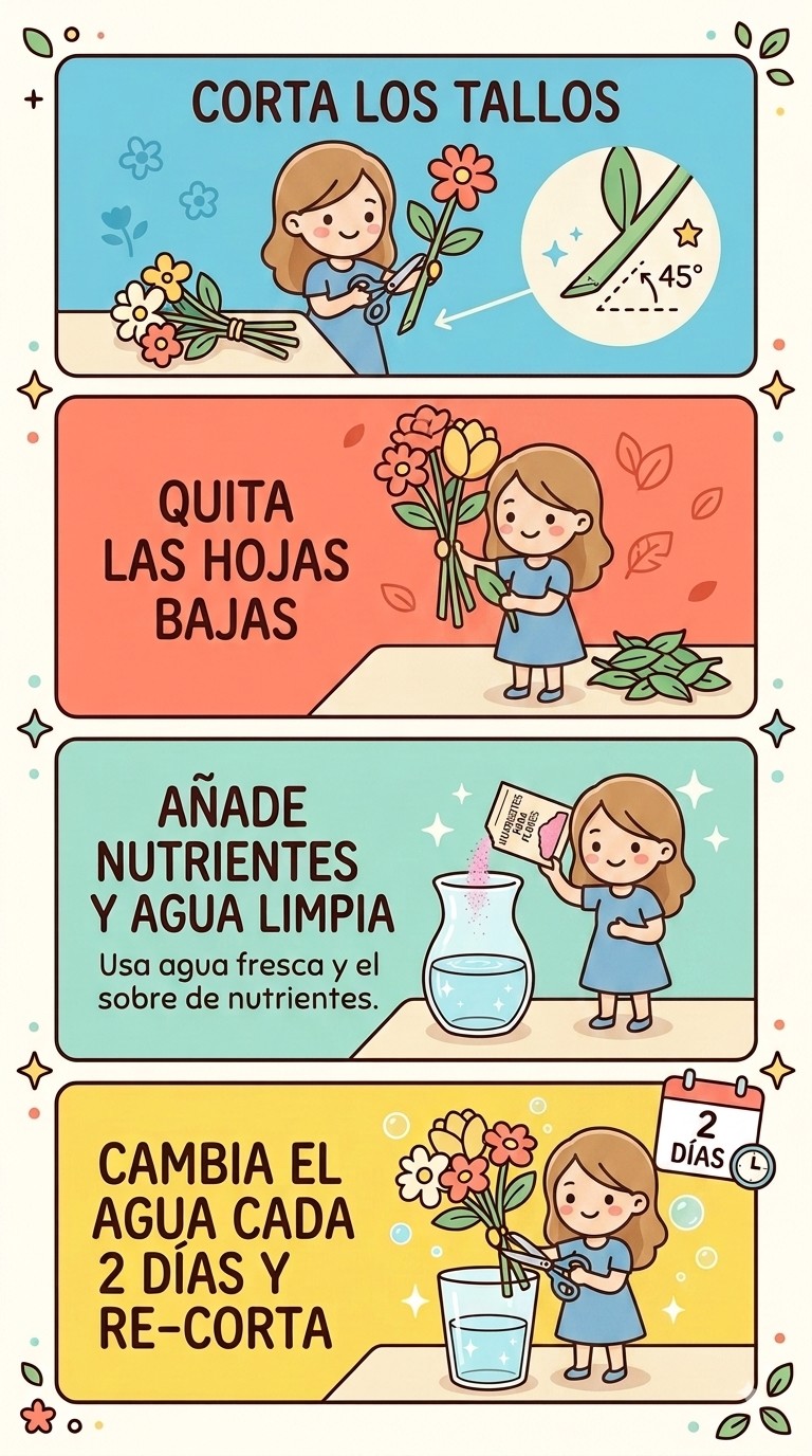 Infografía: corta los tallos en diagonal a 45 grados, quita las hojas bajas, añade nutrientes y agua limpia, cambia el agua cada 2 días y re-corta