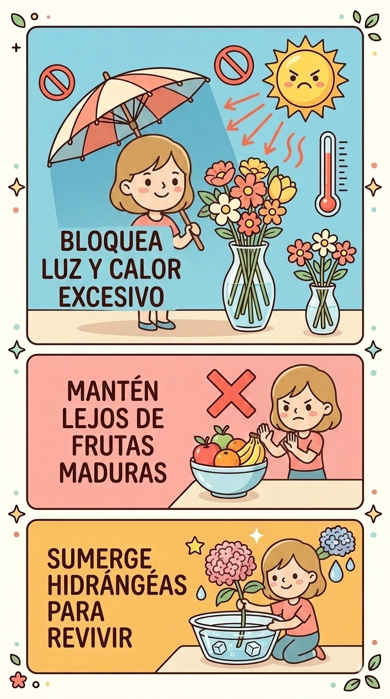 Infografía: bloquea la luz y el calor excesivo, mantén el ramo lejos de frutas maduras, y sumerge las hidrángeas en agua para revivirlas