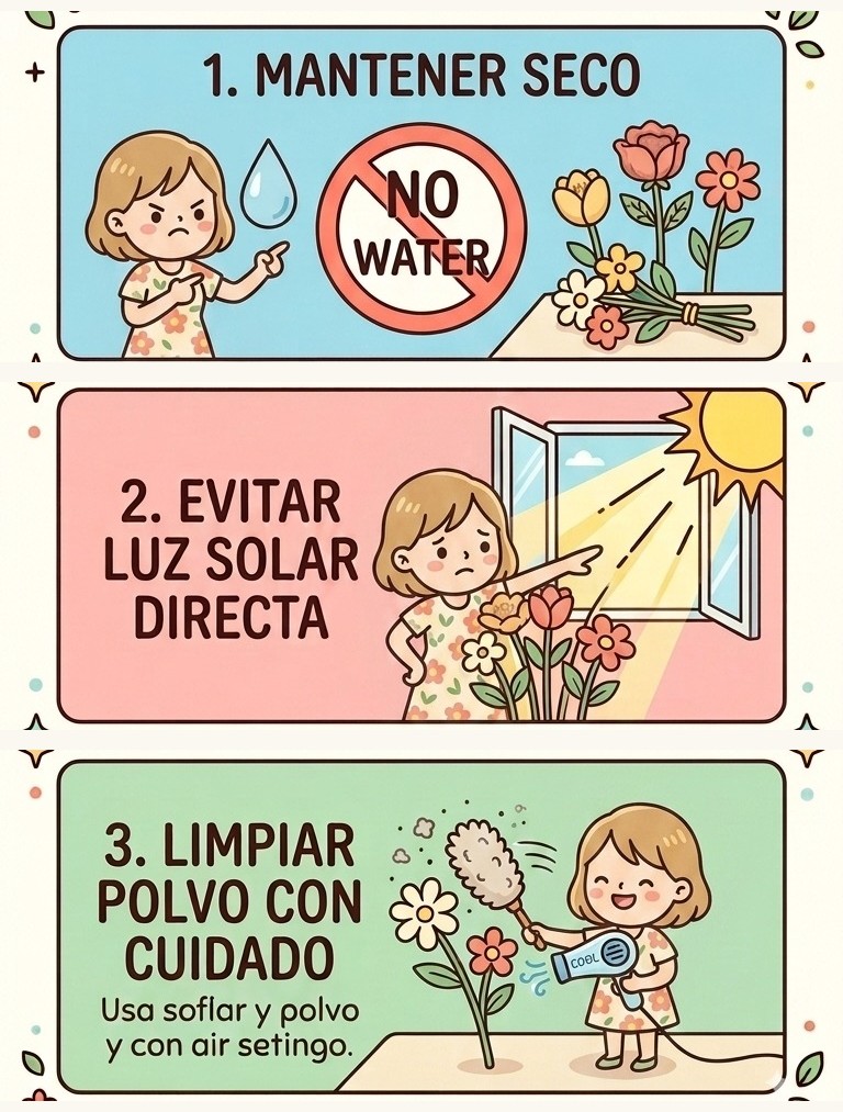 Infografía: mantén el ramo seco (nada de agua), evita la luz solar directa, y limpia el polvo con cuidado