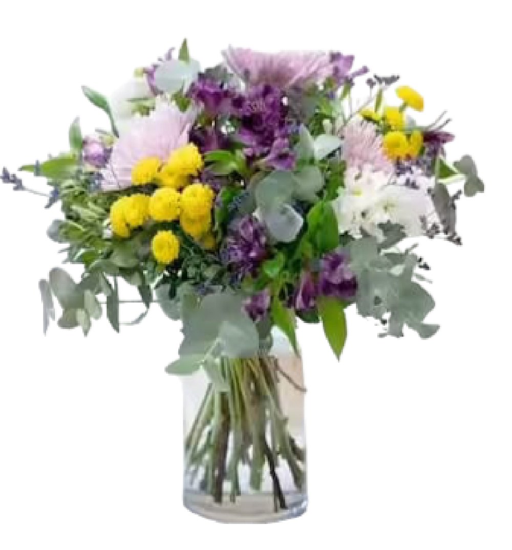 Ramo de flores lila, amarillo y blanco en jarrón