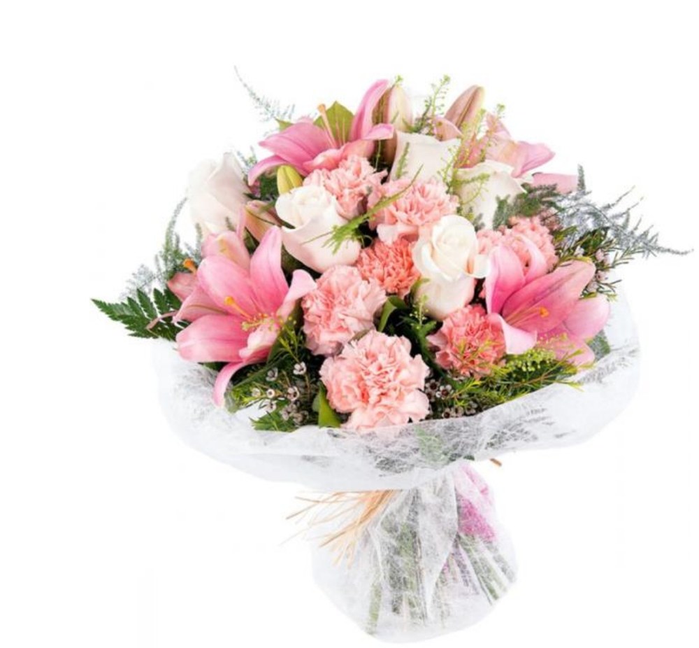 Ramo de lirios y claveles en tonos rosa y blanco